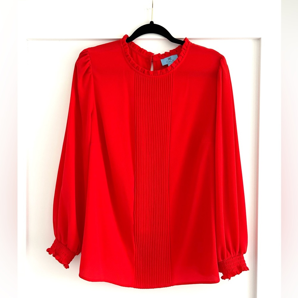 CeCe Red 1X Pleated Front Ruffle Neck Blouse Top NWOT